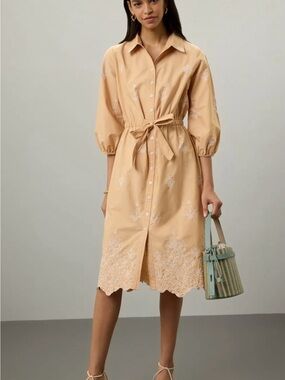 Shoshanna Embroidered Shirt Dress with Tie Waist Francois Midi Dress